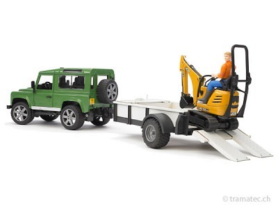 Bruder Land Rover Defender, Einachsanh., JCB Mikrobagger + Bauarbeiter