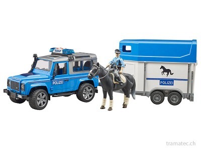 Bruder Land Rover Defender Polizeifahrzeug mit Pferdeanhänger, Pferd und Polizist